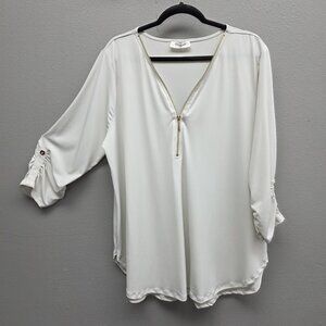 Zenana Shirt Womens 3X White Zip Front V Neck Ruched Sleeve Tunic Top Blouse
